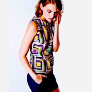 Boden Linen Lena Retro Geometric Top US Sz 8 perfect, new wot. Ch 19.5” L 24”